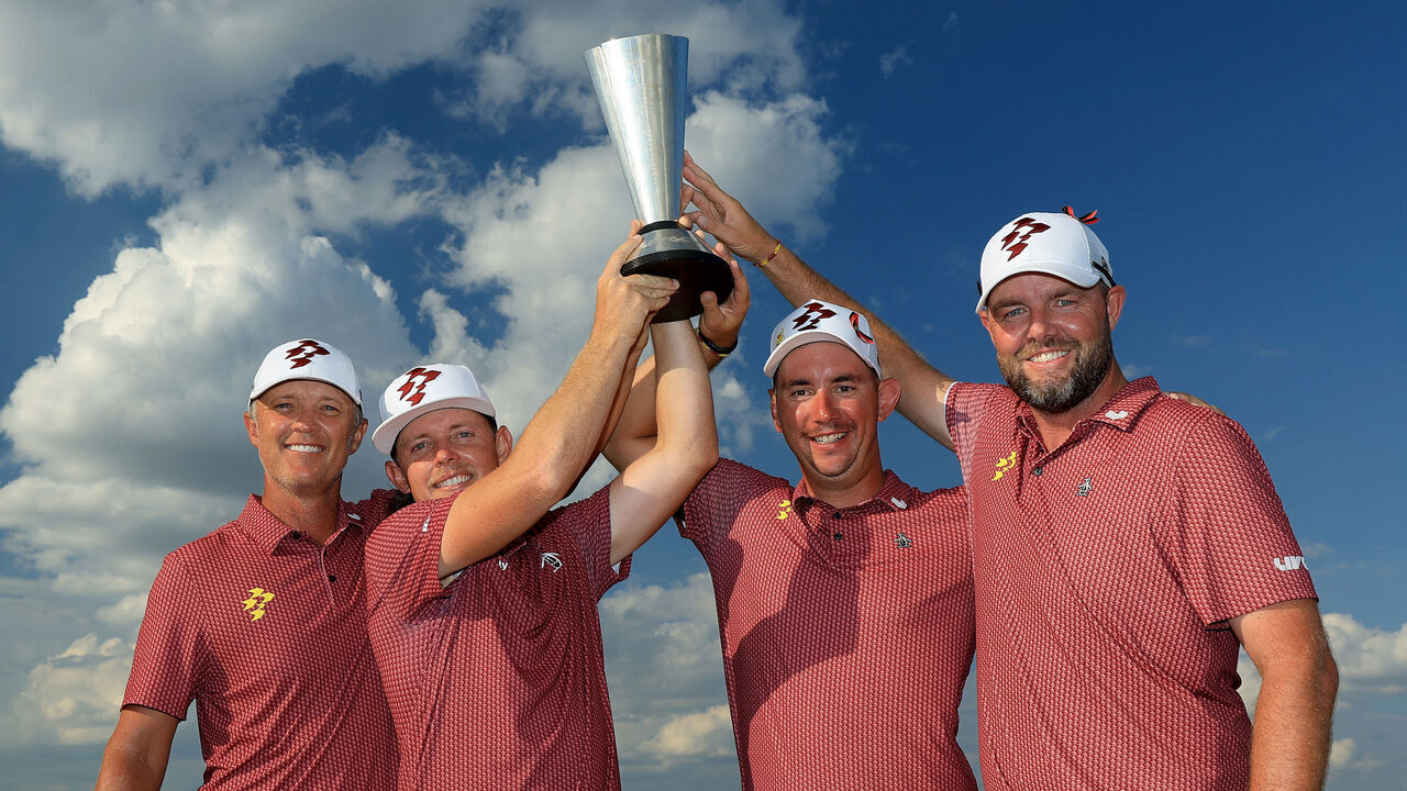 DALLAS, TEXAS - SEPTEMBER 22: Cameron Smith of Australia (2nd from R) and The Ripper GC team, Lucas Herbert (2nd from L), Marc Leishman (L) and Matt Jones (R) hold the LIVGolf Team trophy during the individual team stroke-play finals on day three of the LIV Golf Team Championship Dallas at Maridoe Golf Club on September 22, 2024 in Dallas, Texas.