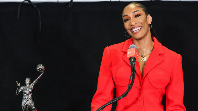 LAS VEGAS, NEVADA - SEPTEMBER 22: A'ja Wilson #22 of the Las Vegas Aces speaks during a news conference after receiving the 2024 WNBA MVP award before Game One of the 2024 WNBA Playoffs first round between the Aces and the Seattle Storm at Michelob ULTRA Arena on September 22, 2024 in Las Vegas, Nevada. Wilson was the unanimous winner of the award, which she also won in 2020 and 2022.