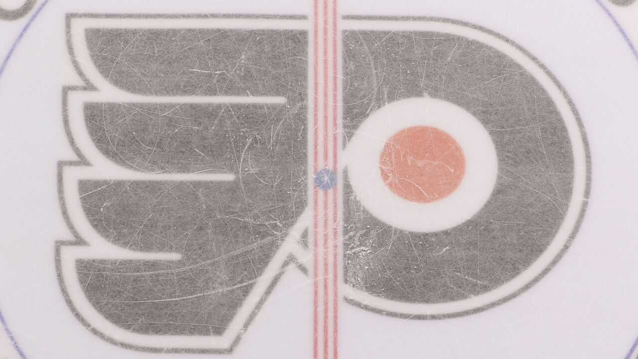 PHILADELPHIA, PA - MARCH 13: A view of the center ice logo of the Philadelphia Flyers during an NHL game against the Montreal Canadiens at the Wells Fargo Center on March 13, 2022 in Philadelphia, Pennsylvania.