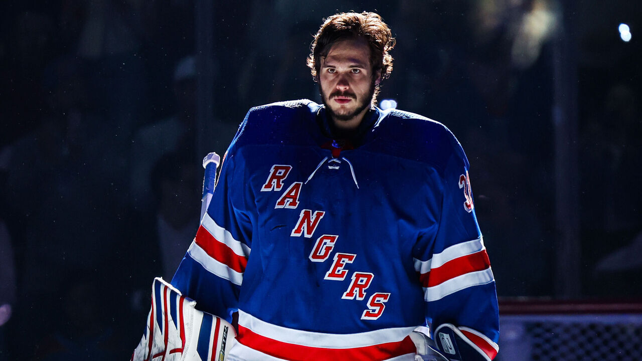 NEW YORK, NEW YORK - MAY 30: Igor Shesterkin #31 of the New York Rangers during the national anthem prior to the game against the Florida Panthers in Game Five of the Eastern Conference Final of the 2024 Stanley Cup Playoffs at Madison Square Garden on May 30, 2024 in New York City.