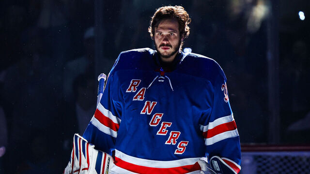 NEW YORK, NEW YORK - MAY 30: Igor Shesterkin #31 of the New York Rangers during the national anthem prior to the game against the Florida Panthers in Game Five of the Eastern Conference Final of the 2024 Stanley Cup Playoffs at Madison Square Garden on May 30, 2024 in New York City.