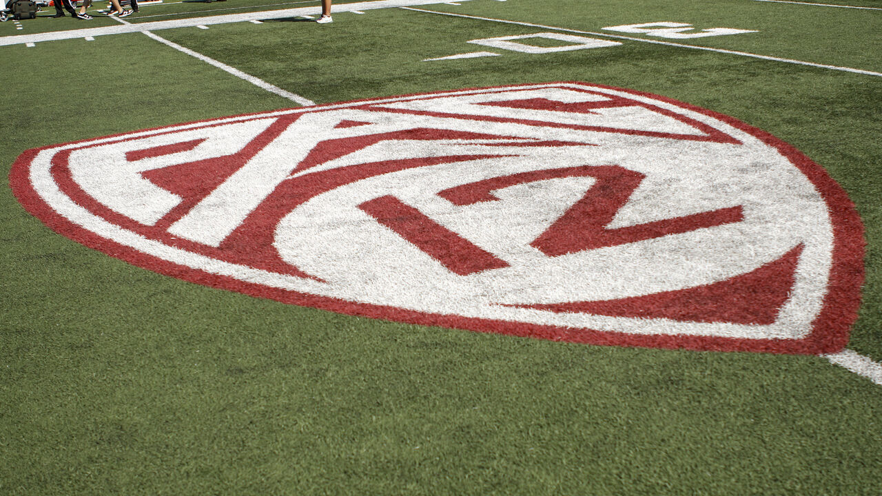 PULLMAN, WA - AUGUST 31: The Pac-12 logo on the field of Martin Stadium during the game between the Portland State Vikings and the Washington State Cougars on August 31, 2024, at Martin Stadium in Pullman, WA.