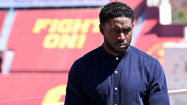 Los Angeles, California August 23, 2023-Former USC running back Reggie Bush speaks to the media ay the Coliseum Wednesday during a press conference to get his Heisman Trophy back. (Wally Skalij/Los Angles Times)