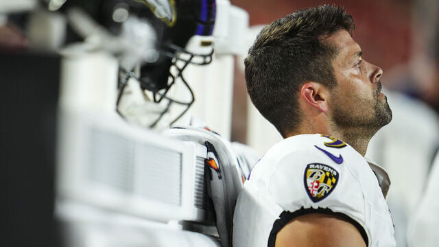 KANSAS CITY, MO - SEPTEMBER 05: Justin Tucker #9 of the Baltimore Ravens looks on from the sideline during an NFL football game against the Kansas City Chiefs at GEHA Field at Arrowhead Stadium on September 5, 2024 in Kansas City, California.