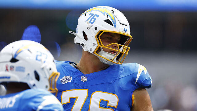 INGLEWOOD, CALIFORNIA - SEPTEMBER 08: Joe Alt #76 of the Los Angeles Chargers at SoFi Stadium on September 08, 2024 in Inglewood, California.