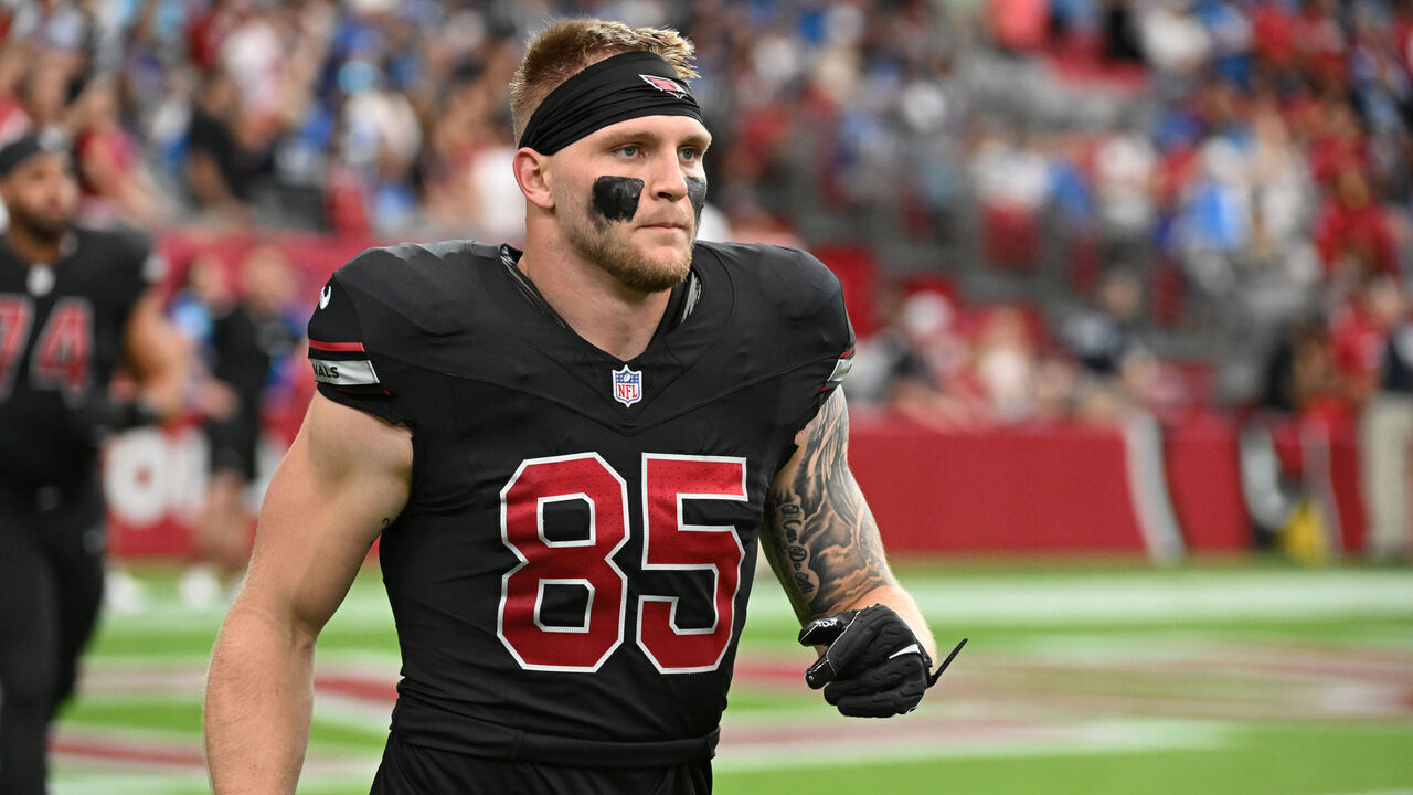 GLENDALE, ARIZONA - SEPTEMBER 22: Trey McBride #85 of the Arizona Cardinals runs onto the field prior to a game against the Detroit Lions at State Farm Stadium on September 22, 2024 in Glendale, Arizona.