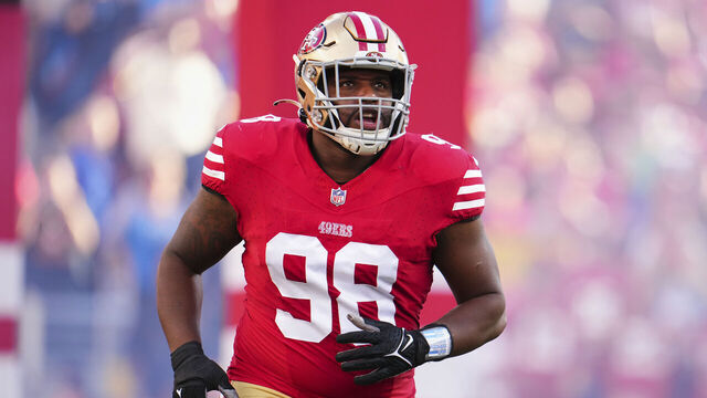 SANTA CLARA, CA - JANUARY 28: Javon Hargrave #98 of the San Francisco 49ers takes the field before kickoff against the Detroit Lions during the NFC Championship football game at Levi's Stadium on January 28, 2024 in Santa Clara, California.