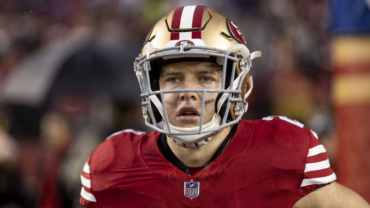 SANTA CLARA, CALIFORNIA - JANUARY 20: Christian McCaffrey #23 of the San Francisco 49ers looks on as he warms up prior to an NFL divisional round playoff football game between the San Francisco 49ers and the Green Bay Packers at Levi's Stadium on January 20, 2024 in Santa Clara, California.