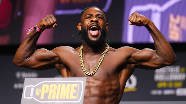 LAS VEGAS, NEVADA - APRIL 12: Aljamain Sterling poses on the scale during the UFC 300 ceremonial weigh-in at MGM Grand Garden Arena on April 12, 2024 in Las Vegas, Nevada.