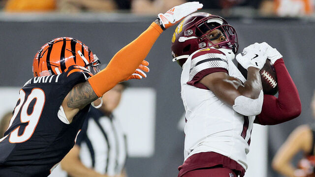 CINCINNATI, OHIO - SEPTEMBER 23: Terry McLaurin #17 of the Washington Commanders catches a 55 yard pass against Cam Taylor-Britt #29 of the Cincinnati Bengals during the second quarter at Paycor Stadium on September 23, 2024 in Cincinnati, Ohio.