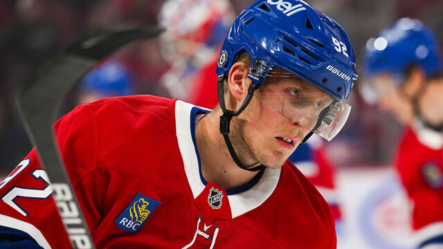 MONTREAL, QC - SEPTEMBER 23: Look on Montreal Canadiens right wing Patrik Laine (92) during warm-up before the Philadelphia Flyers versus the Montreal Canadiens preseason game on September 23, 2024, at Bell Centre in Montreal, QC