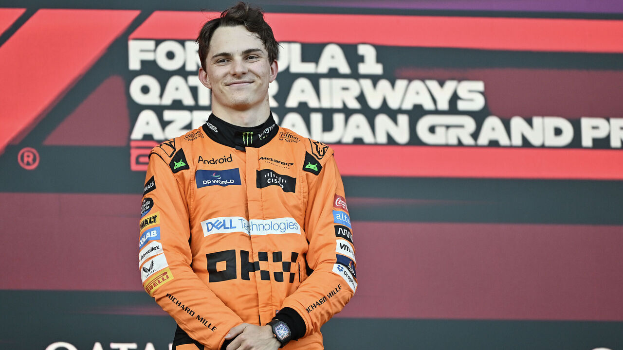 BAKU, AZERBAIJAN - SEPTEMBER 15: Oscar Piastri of Australia and McLaren F1 Team on the podium during the F1 Grand Prix of Azerbaijan at Baku City Circuit on September 15, 2024 in Baku, Azerbaijan.