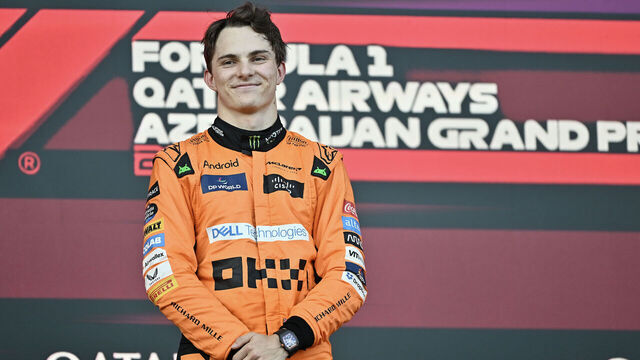 BAKU, AZERBAIJAN - SEPTEMBER 15: Oscar Piastri of Australia and McLaren F1 Team on the podium during the F1 Grand Prix of Azerbaijan at Baku City Circuit on September 15, 2024 in Baku, Azerbaijan.