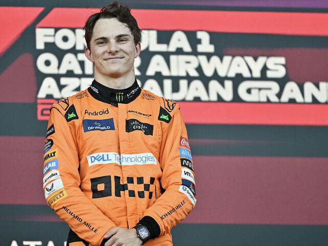 BAKU, AZERBAIJAN - SEPTEMBER 15: Oscar Piastri of Australia and McLaren F1 Team on the podium during the F1 Grand Prix of Azerbaijan at Baku City Circuit on September 15, 2024 in Baku, Azerbaijan.