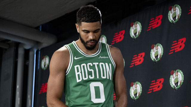 BOSTON, MASSACHUSETTS - SEPTEMBER 24: Jayson Tatum #0 of the Boston Celtics speaks to the media during Boston Celtics Media Day at The Auerbach Center on September 24, 2024 in Boston, Massachusetts.