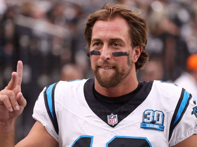 LAS VEGAS, NEVADA - SEPTEMBER 22: Adam Thielen #19 of the Carolina Panthers warms up prior to a game against the Las Vegas Raiders at Allegiant Stadium on September 22, 2024 in Las Vegas, Nevada.