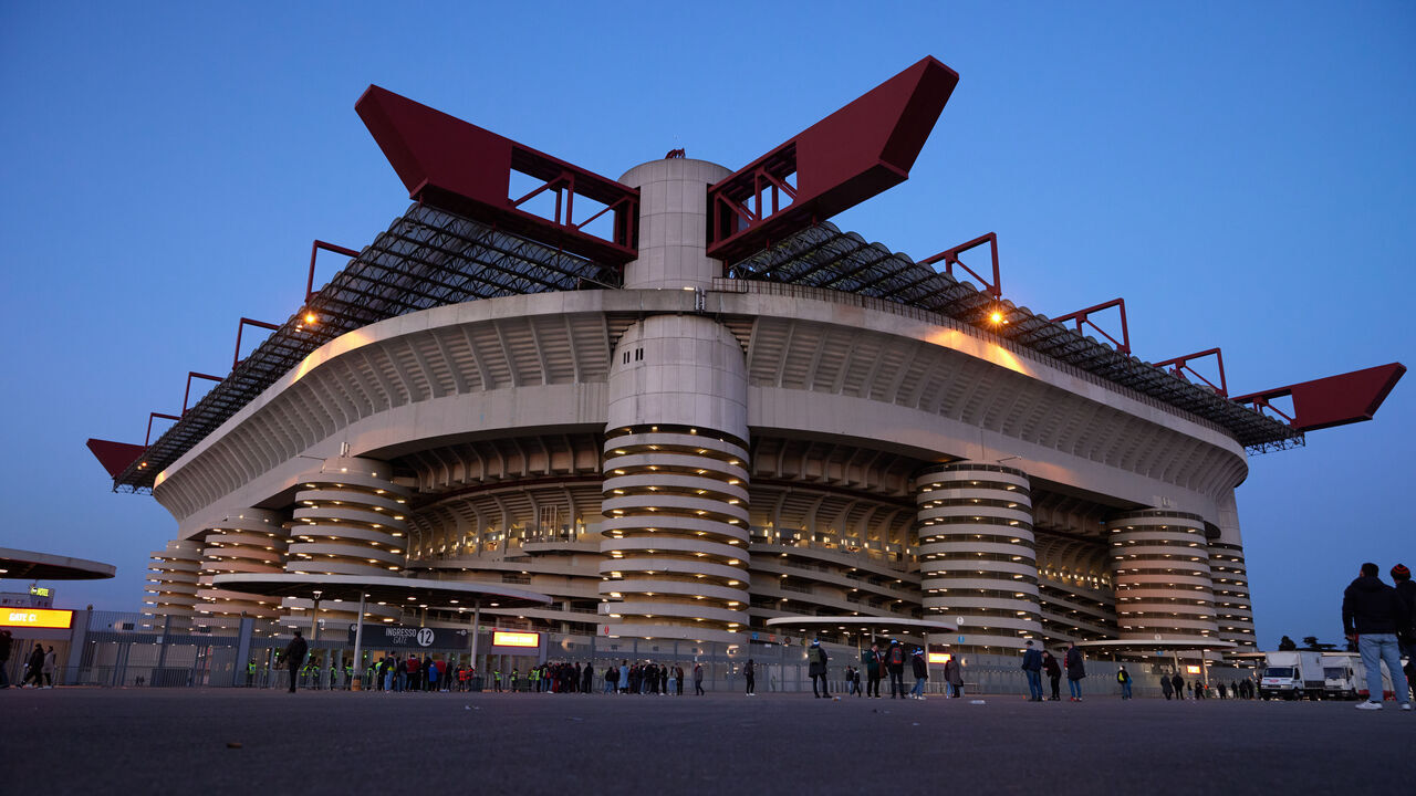 MILAN, ITALY - MARCH 07: A general view outside the stadium prior to the UEFA Europa League 2023/24 round of 16 first leg match between AC Milan and Slavia Praha at Stadio Giuseppe Meazza on March 07, 2024 in Milan, Italy.