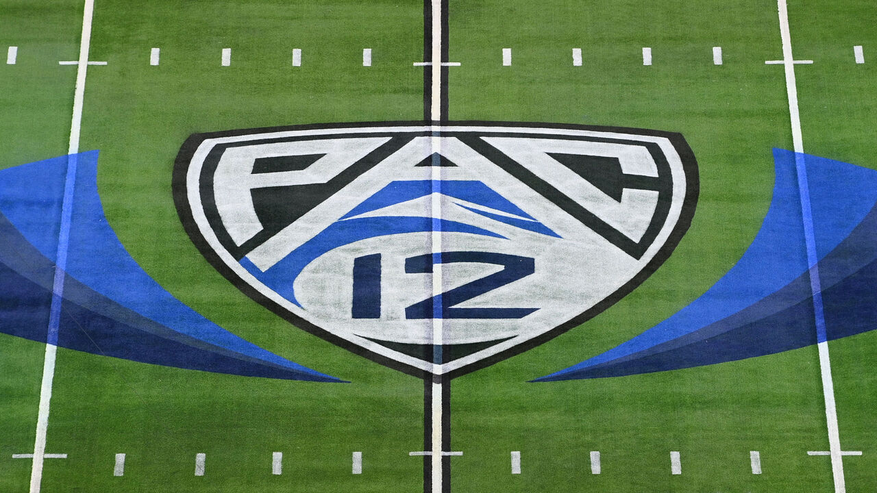 LAS VEGAS, NV - DECEMBER 02: A view of the Pac-12 logo on the field before the Pac-12 Conference championship game between the Utah Utes and the USC Trojans at Allegiant Stadium on December 2, 2022 in Las Vegas, Nevada.