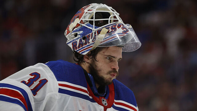 SUNRISE, FLORIDA - JUNE 1: Goaltender Igor Shesterkin #31 of the New York Rangers skates the ice during a break in the action against the Florida Panthers in Game Six of the Eastern Conference Final at the Amerant Bank Arena on June 1, 2024 in Sunrise, Florida.