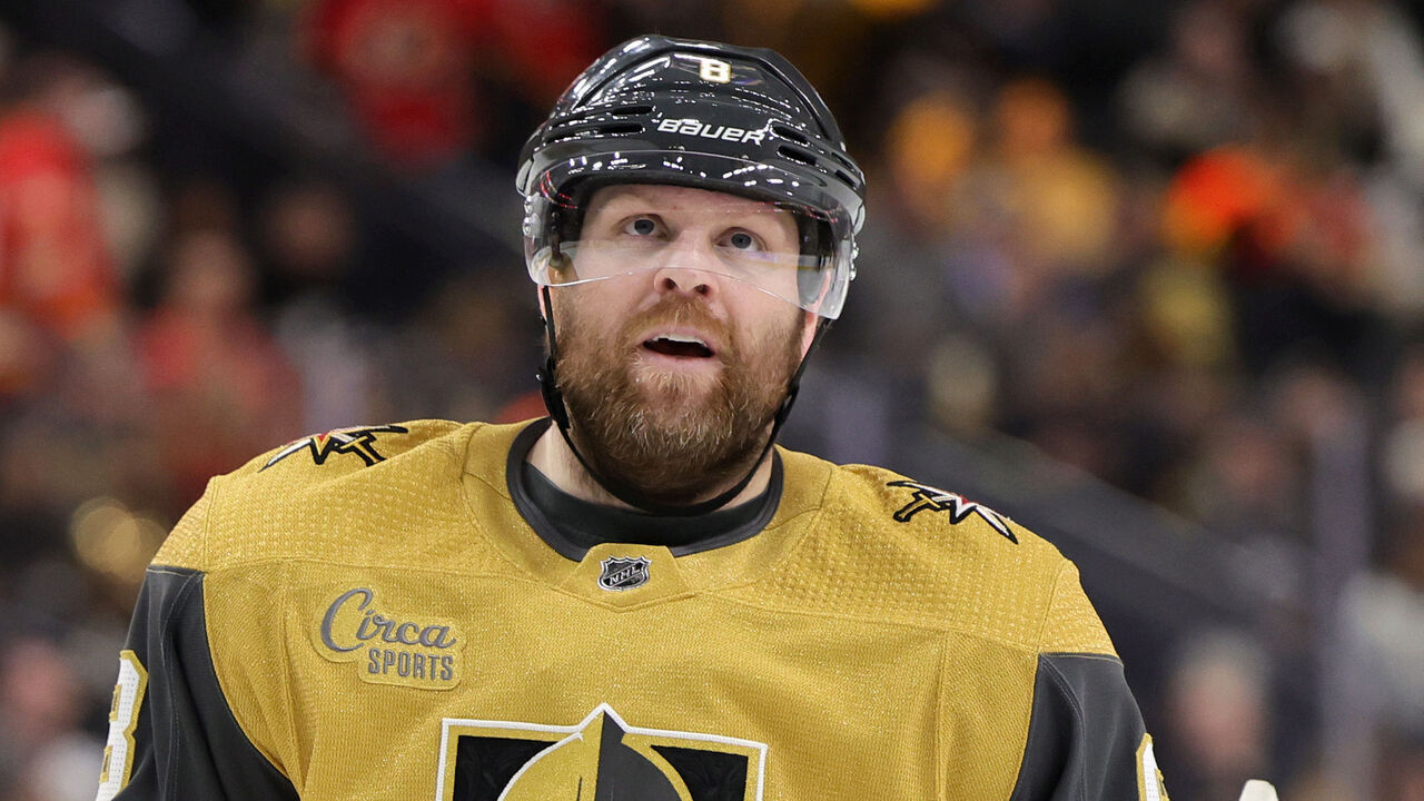 LAS VEGAS, NEVADA - FEBRUARY 23: Phil Kessel #8 of the Vegas Golden Knights takes a break during a stop in play in the second period of a game against the Calgary Flames at T-Mobile Arena on February 23, 2023 in Las Vegas, Nevada. The Golden Knights defeated the Flames 4-3 in overtime.