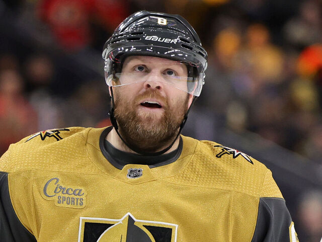 LAS VEGAS, NEVADA - FEBRUARY 23: Phil Kessel #8 of the Vegas Golden Knights takes a break during a stop in play in the second period of a game against the Calgary Flames at T-Mobile Arena on February 23, 2023 in Las Vegas, Nevada. The Golden Knights defeated the Flames 4-3 in overtime.