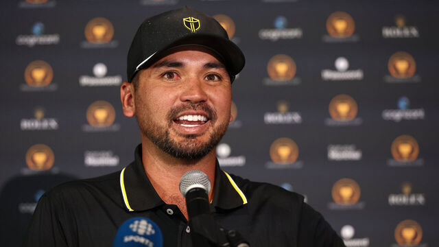 MONTREAL, QUEBEC - SEPTEMBER 24: Jason Day of Australia and the International Team speaks to the media prior to the 2024 Presidents Cup at The Royal Montreal Golf Club on September 24, 2024 in Montreal, Quebec, Canada.
