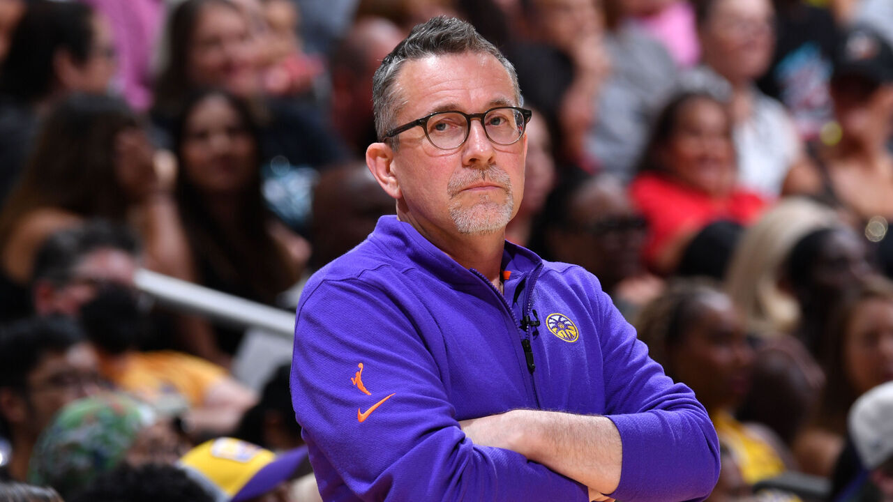 LOS ANGELES, CA - AUGUST 15: Head Coach Curt Miller of the Los Angeles Sparks looks on during the game against the New York Liberty on August 15, 2024 at Crypto.com Arena in Los Angeles, California. NOTE TO USER: User expressly acknowledges and agrees that, by downloading and/or using this Photograph, user is consenting to the terms and conditions of the Getty Images License Agreement. Mandatory Copyright Notice: Copyright 2024 NBAE