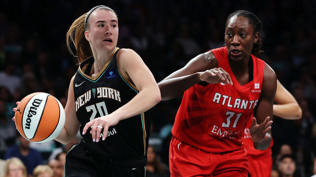 NEW YORK, NEW YORK - SEPTEMBER 24: Sabrina Ionescu #20 of the New York Liberty dribbles against Tina Charles #31 of the Atlanta Dream during the first half in Game Two of Round One of the WNBA Playoffs at Barclays Center on September 24, 2024 in the Brooklyn borough of New York City.