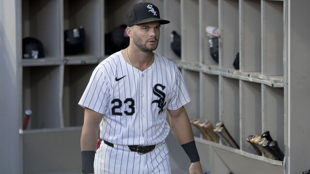CHICAGO, ILLINOIS - SEPTEMBER 13: Andrew Benintendi #23 of the Chicago White Sox looks on from the dugout before a game against the Oakland Athletics at Guaranteed Rate Field on September 13, 2024 in Chicago, Illinois.
