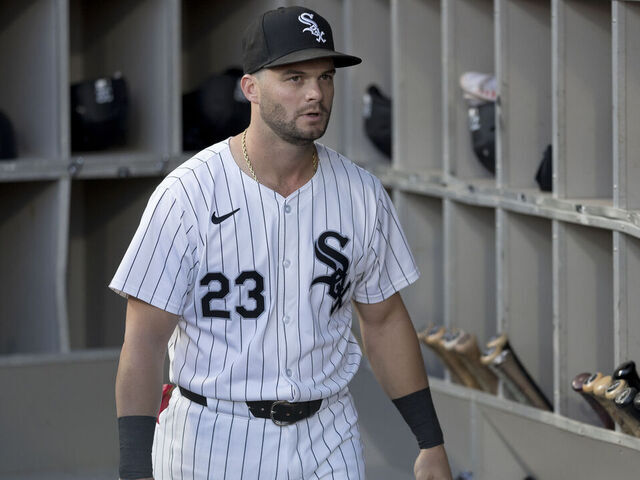 CHICAGO, ILLINOIS - SEPTEMBER 13: Andrew Benintendi #23 of the Chicago White Sox looks on from the dugout before a game against the Oakland Athletics at Guaranteed Rate Field on September 13, 2024 in Chicago, Illinois.