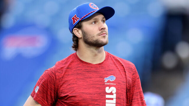 ORCHARD PARK, NEW YORK - SEPTEMBER 23: Josh Allen #17 of the Buffalo Bills looks on prior to the game against the Jacksonville Jaguars at Highmark Stadium on September 23, 2024 in Orchard Park, New York.