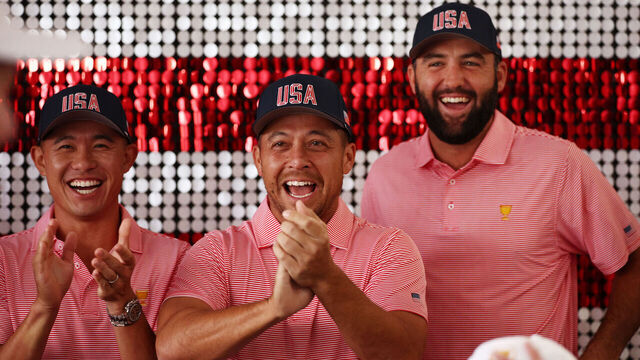 MONTREAL, QUEBEC - SEPTEMBER 25: Collin Morikawa, Xander Schauffele and Scottie Scheffler of the U.S. Team laugh prior to the 2024 Presidents Cup at The Royal Montreal Golf Club on September 25, 2024 in Montreal, Quebec, Canada.