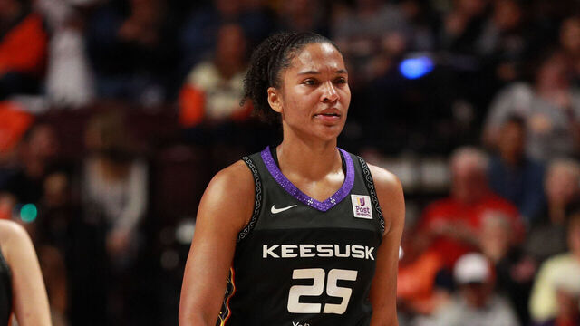 UNCASVILLE, CT - SEPTEMBER 25: Alyssa Thomas #25 of the Connecticut Sun looks on during the game against the Indiana Fever during Round 1 Game 2 of the 2024 WNBA Playoffs on September 25, 2024 at the Mohegan Sun Arena in Uncasville, Connecticut. Mandatory Copyright Notice: Copyright 2024 NBAE