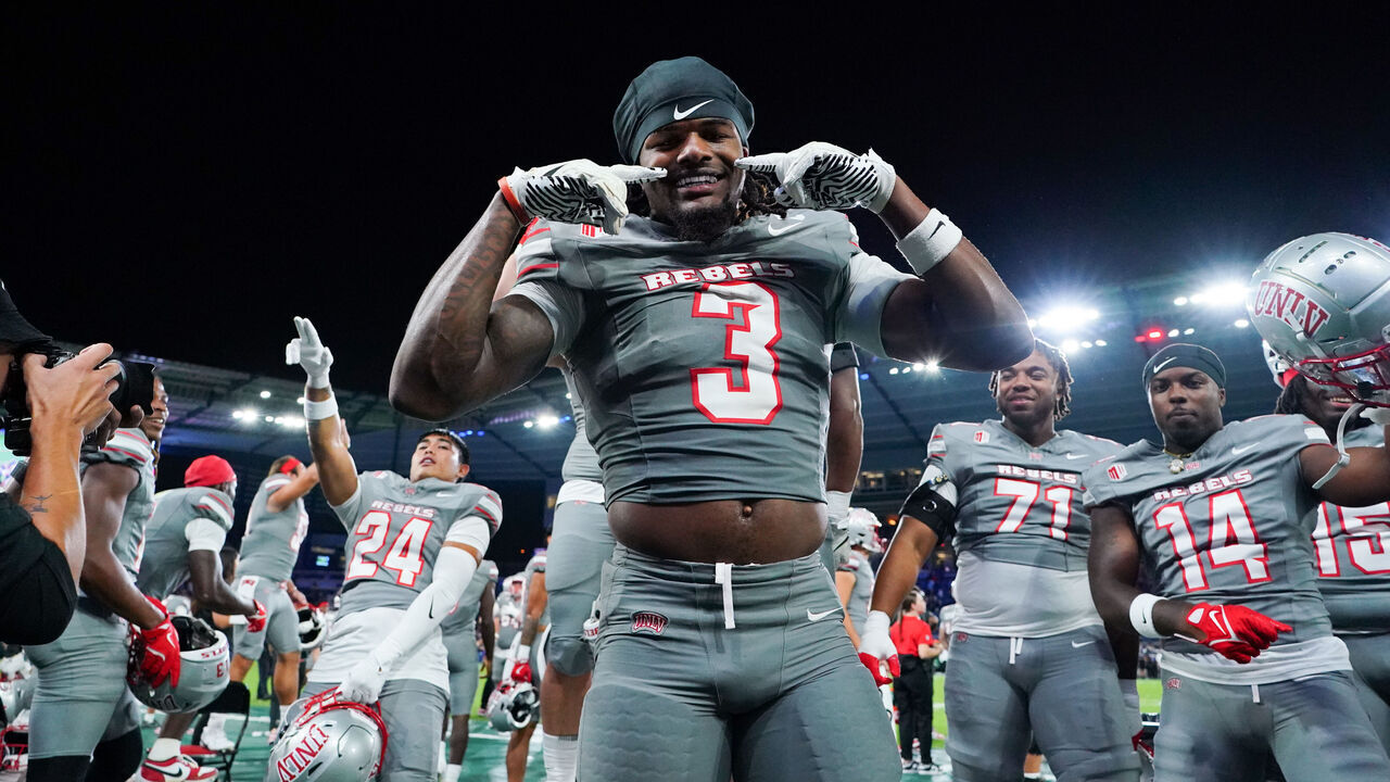 KANSAS CITY, KANSAS - SEPTEMBER 14: Defensive back Johnathan Baldwin #3 of the UNLV Rebels celebrates after defeating the Kansas Jayhawks at Childrens Mercy Park on September 13, 2024 in Kansas City, Kansas.