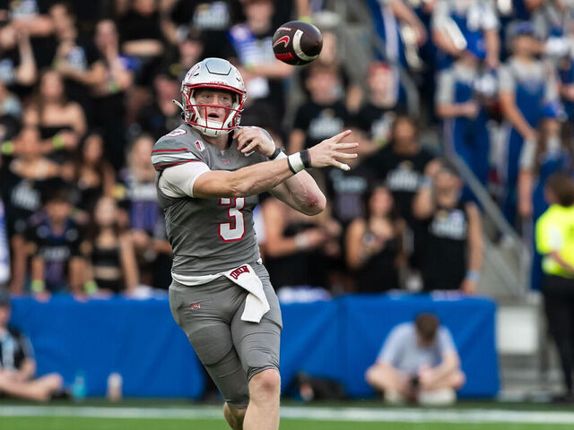 KANSAS CITY, KS - SEPTEMBER 13: UNLV quarterback Matthew Sluka (3) passes the ball during the game between the Kansas Jayhawks and the UNLV Rebels on Friday September 13, 2024 at Children's Mercy Park in Kansas City, Kansas.