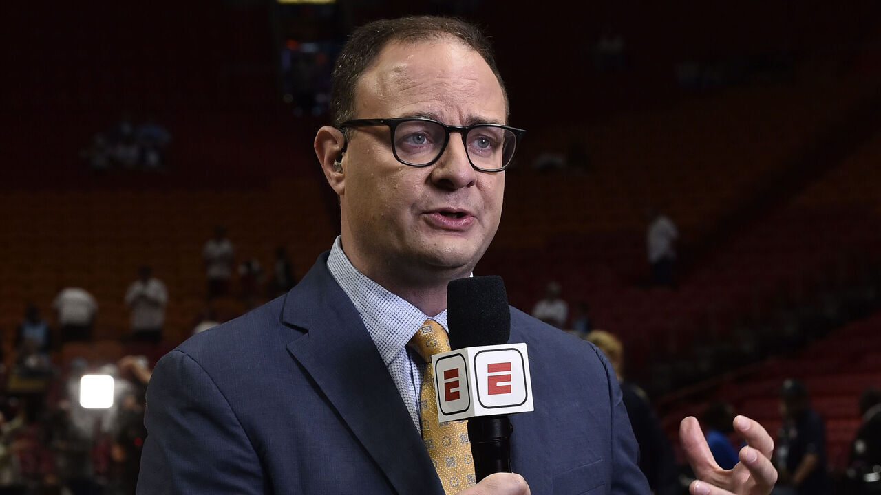 MIAMI, FL - MAY 29: ESPN Analyst, Adrian Wojnarowski reports before Game 7 of the 2022 NBA Playoffs Eastern Conference Finals on May 29, 2022 at FTX Arena in Miami, Florida. Mandatory Copyright Notice: Copyright 2022 NBAE