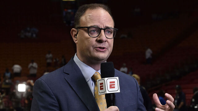 MIAMI, FL - MAY 29: ESPN Analyst, Adrian Wojnarowski reports before Game 7 of the 2022 NBA Playoffs Eastern Conference Finals on May 29, 2022 at FTX Arena in Miami, Florida. Mandatory Copyright Notice: Copyright 2022 NBAE