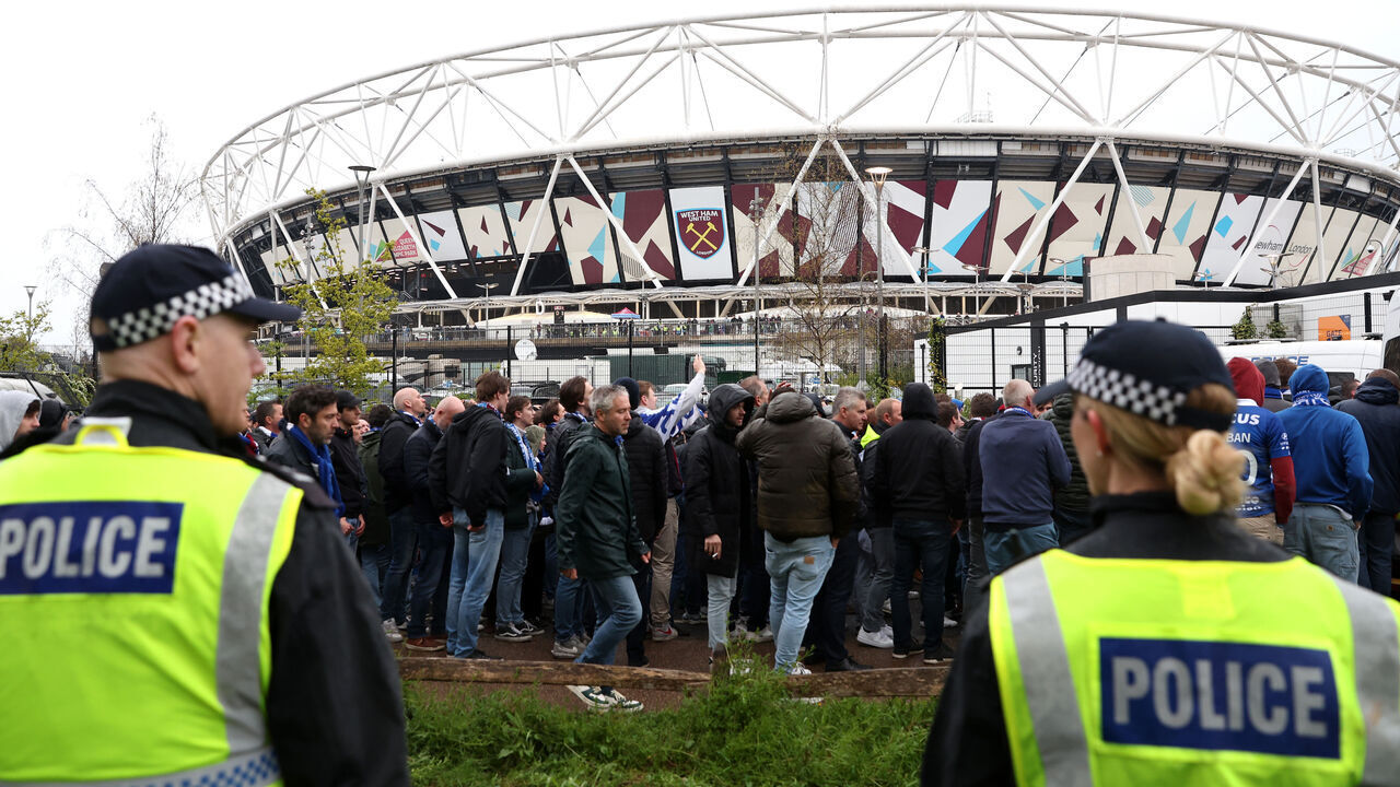 LONDON, ENGLAND - APRIL 20: Police and KAA Gent fans are seen outside the stadium prior to the UEFA Europa Conference League Quarterfinal Second Leg match between West Ham United and KAA Gent at London Stadium on April 20, 2023 in London, England.