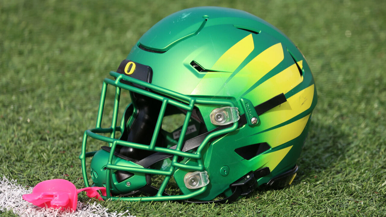 MOBILE, AL - FEBRUARY 01: A general view of an Oregon Ducks helmet during the National team practice for the Reese's Senior Bowl on February 1, 2024 at Hancock Whitney Stadium in Mobile, Alabama.