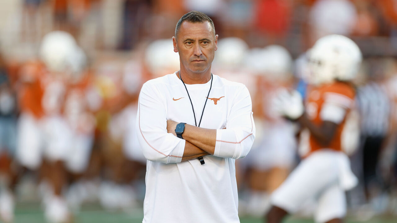 AUSTIN, TEXAS - SEPTEMBER 21: Head coach Steve Sarkisian of the Texas Longhorns watches players warm up before the game against the Louisiana Monroe Warhawks at Darrell K Royal-Texas Memorial Stadium on September 21, 2024 in Austin, Texas.