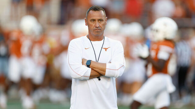 AUSTIN, TEXAS - SEPTEMBER 21: Head coach Steve Sarkisian of the Texas Longhorns watches players warm up before the game against the Louisiana Monroe Warhawks at Darrell K Royal-Texas Memorial Stadium on September 21, 2024 in Austin, Texas.