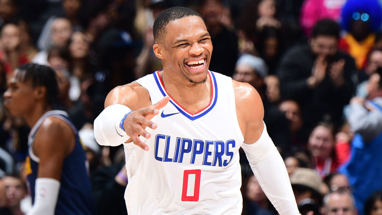 LOS ANGELES, CA - APRIL 4: Russell Westbrook #0 of the LA Clippers smiles during the game against the Denver Nuggets on April 4, 2024 at Crypto.Com Arena in Los Angeles, California. NOTE TO USER: User expressly acknowledges and agrees that, by downloading and/or using this Photograph, user is consenting to the terms and conditions of the Getty Images License Agreement. Mandatory Copyright Notice: Copyright 2024 NBAE