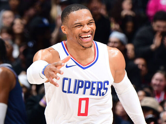 LOS ANGELES, CA - APRIL 4: Russell Westbrook #0 of the LA Clippers smiles during the game against the Denver Nuggets on April 4, 2024 at Crypto.Com Arena in Los Angeles, California. NOTE TO USER: User expressly acknowledges and agrees that, by downloading and/or using this Photograph, user is consenting to the terms and conditions of the Getty Images License Agreement. Mandatory Copyright Notice: Copyright 2024 NBAE