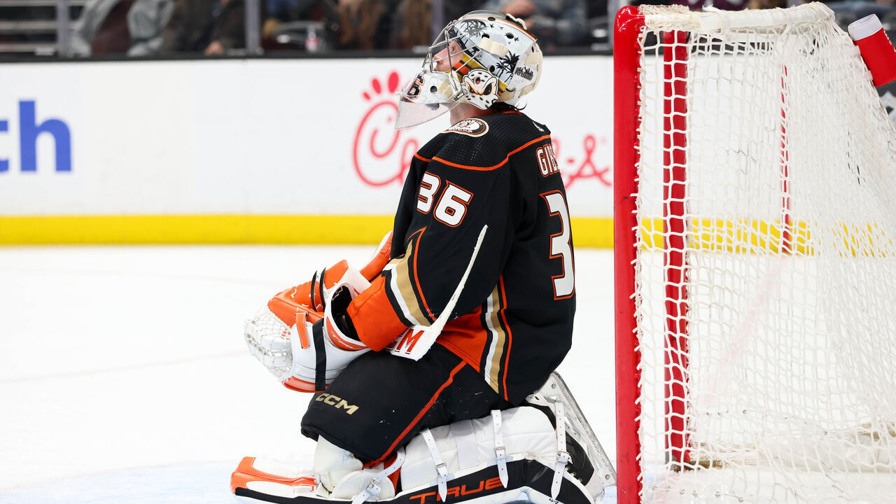 ANAHEIM, CA - APRIL 12: John Gibson #36 of the Anaheim Ducks reacts to the play during the second period against the Calgary Flames at Honda Center on April 12, 2024 in Anaheim, California.