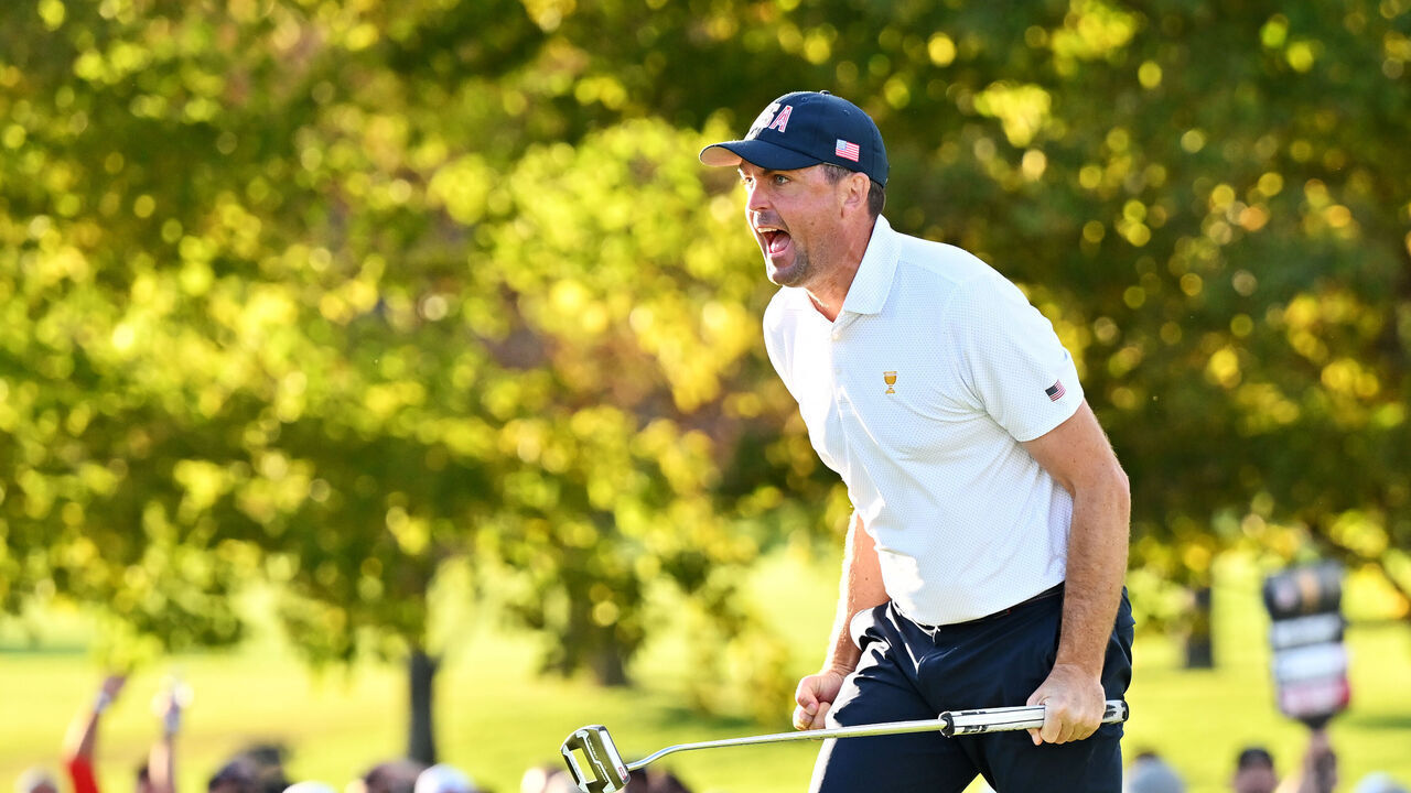 MONTREAL, QUEBEC - SEPTEMBER 26: Keegan Bradley of the U.S. Team celebrates after a putt on the 18th green during Thursday's Four-ball matches on day one of the 2024 Presidents Cup at The Royal Montreal Golf Club on September 26, 2024 in Montreal, Quebec, Canada.