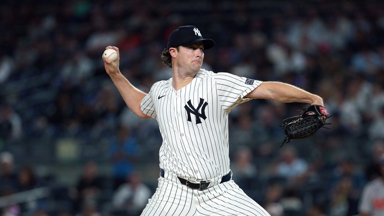 NEW YORK, NEW YORK - SEPTEMBER 26: Gerrit Cole #45 of the New York Yankees pitches against the Baltimore Orioles during the first inning at Yankee Stadium on September 26, 2024 in New York City.