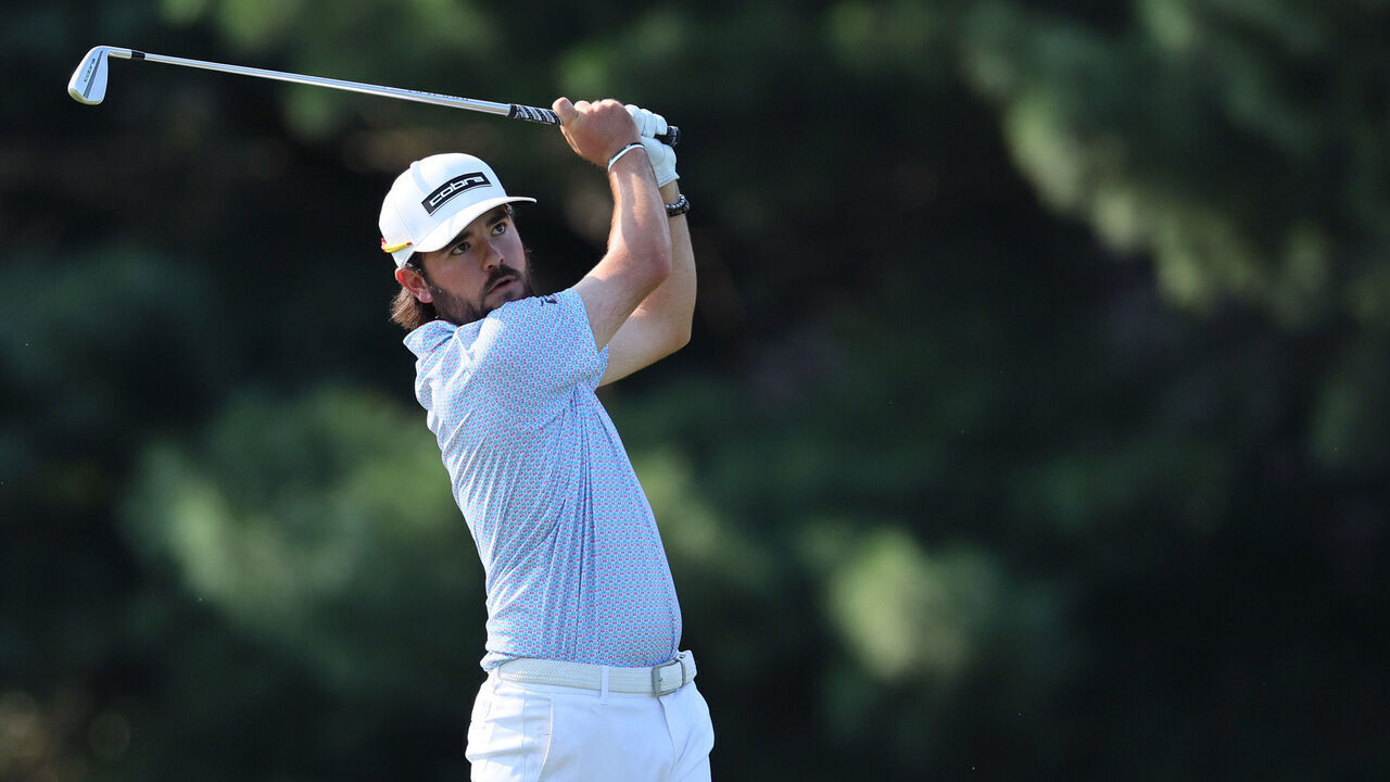 NICHOLASVILLE, KENTUCKY - JULY 13: Angel Hidalgo Portillo of Spain plays his second shot on the 15th hole during the third round of the Kentucky Championship at Keene Trace Golf Club on July 13, 2024 in Nicholasville, Kentucky.