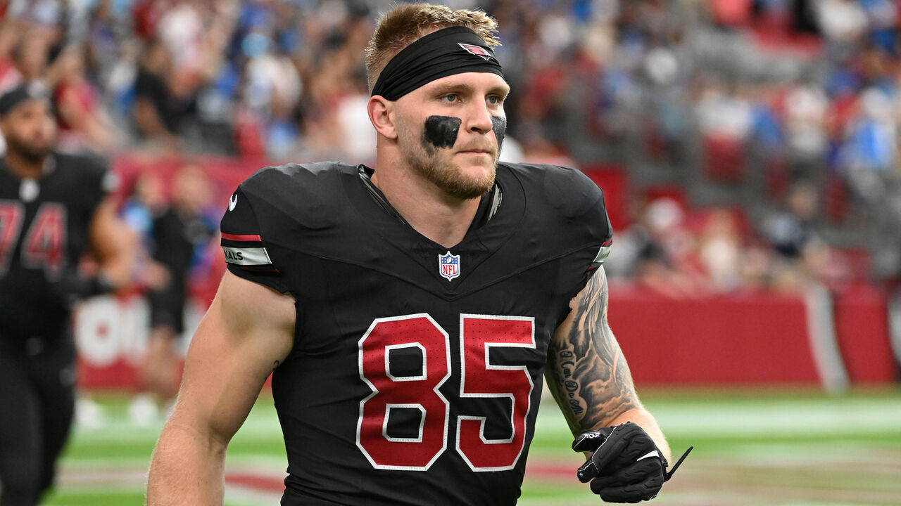 GLENDALE, ARIZONA - SEPTEMBER 22: Trey McBride #85 of the Arizona Cardinals runs onto the field prior to a game against the Detroit Lions at State Farm Stadium on September 22, 2024 in Glendale, Arizona.