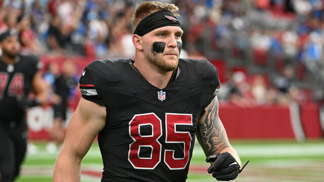 GLENDALE, ARIZONA - SEPTEMBER 22: Trey McBride #85 of the Arizona Cardinals runs onto the field prior to a game against the Detroit Lions at State Farm Stadium on September 22, 2024 in Glendale, Arizona.