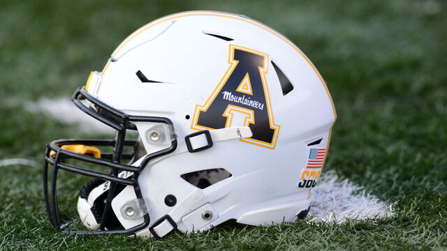 SAN MARCOS, TX - OCTOBER 08: An Appalachian State Mountaineers helmet lays on the sidelines during Sun Belt Conference game featuring the Appalachian State Mountaineers and the Texas State Bobcats on October 8, 2022 at Bobcat Stadium in San Marcos, TX.